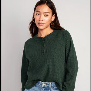 Plush Waffle-Knit Henley Top, deep green, relaxed fit M